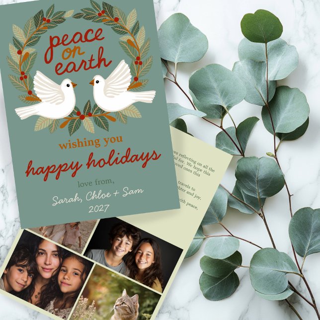 Peace on Earth Doves Christmas CUSTOM 4 PHOTO Holiday Card (Peace on Earth Hand-Drawn Cute Doves Christmas Letter CUSTOM 4 PHOTO Collage Holiday Card
)