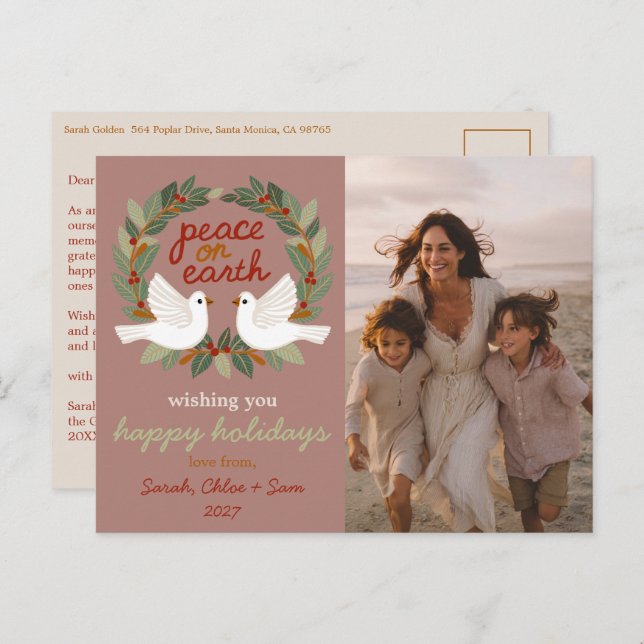 Peace on Earth Doves Christmas CUSTOM PHOTO  Holiday Postcard (Front/Back)