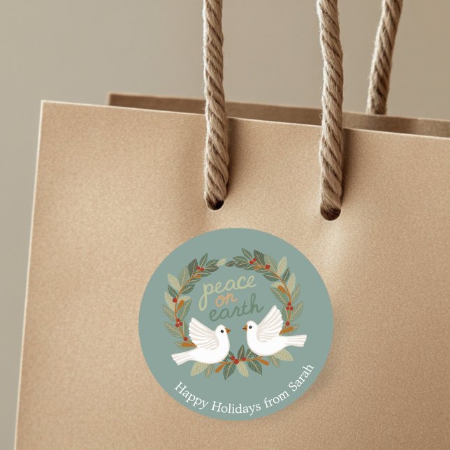 Peace on Earth Doves Christmas Holidays CUSTOM  Classic Round Sticker (Peace on Earth Doves Christmas Holidays hand-drawn CUSTOM Classic Round Sticker
)