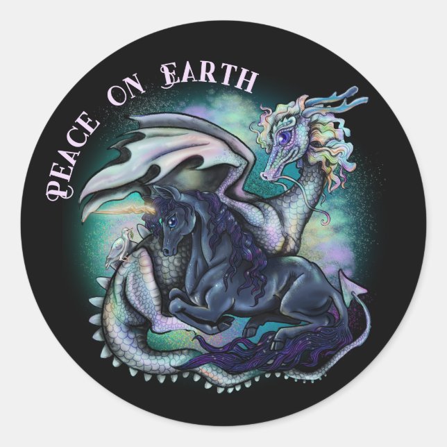 Peace on Earth Dragon and Unicorn Classic Round Sticker (Front)