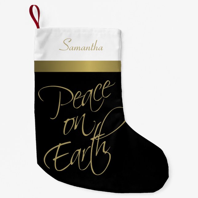 Peace on Earth Elegant Black, Gold & White Small Christmas Stocking (Front)