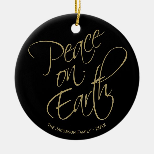 Peace On Earth Elegant Gold & Black Holiday Photo Ceramic Tree Decoration (Front)