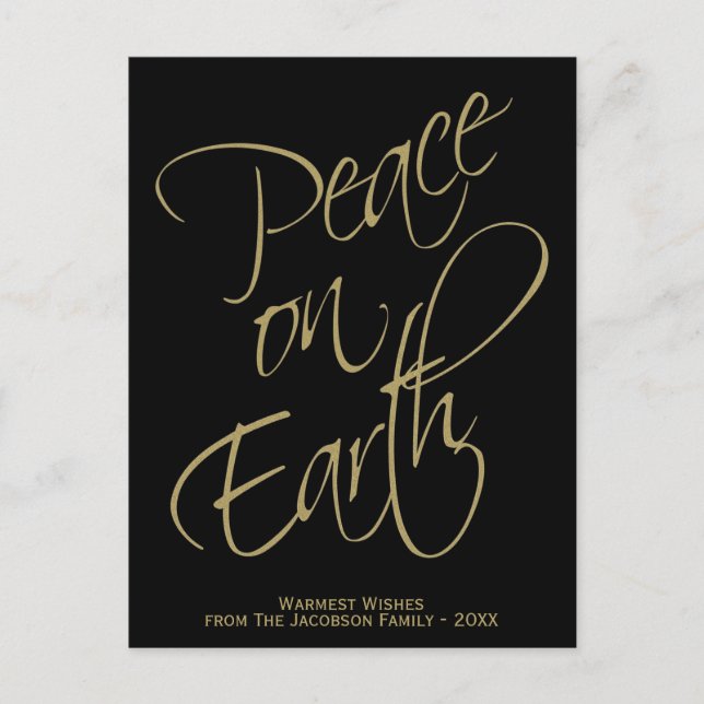 Peace on Earth Elegant Gold & Black Minimal Photo Holiday Postcard (Front)