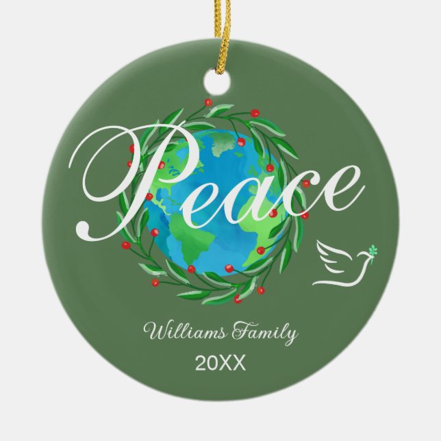Peace on Earth Elegant Script Christmas Photo Ceramic Tree Decoration (Front)