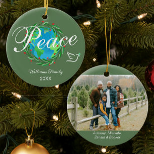 Peace on Earth Elegant Script Christmas Photo Ceramic Tree Decoration