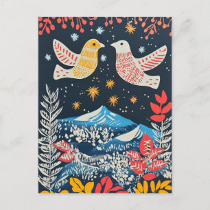 Peace on Earth, Festive Birds Nature Folk Charm Holiday Postcard