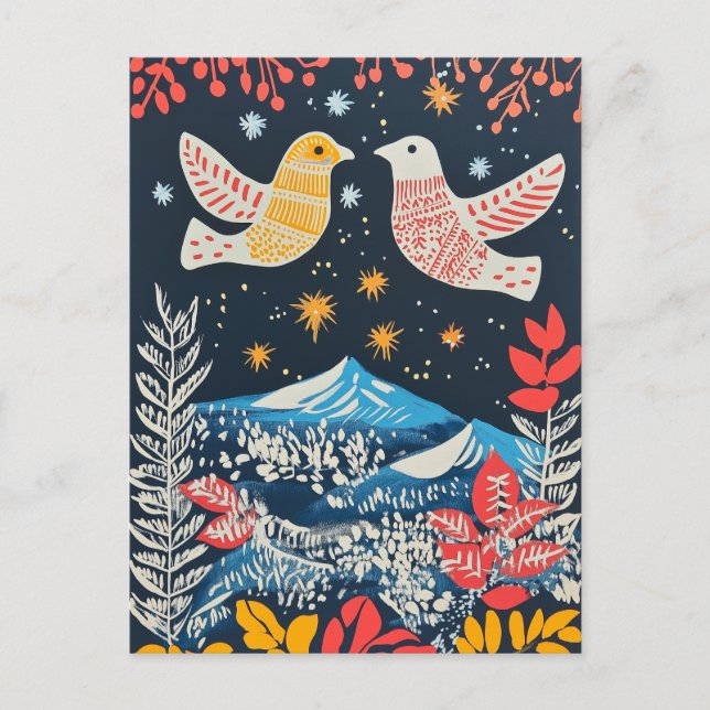 Peace on Earth, Festive Birds Nature Folk Charm Holiday Postcard (Front)