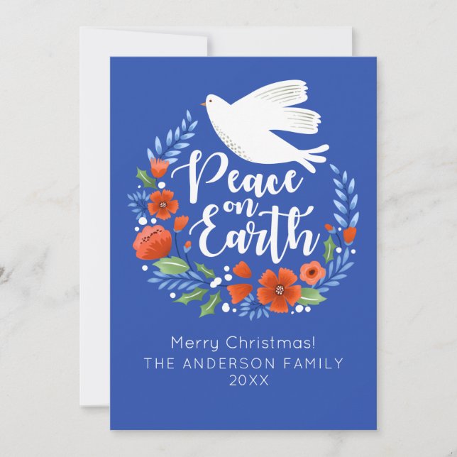 Peace on Earth Floral Christmas Holiday Photo Card (Front)