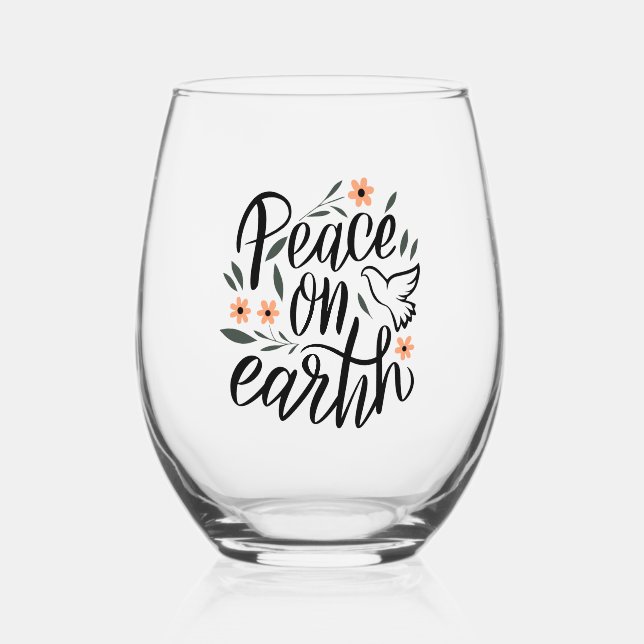 Peace on Earth Floral Design Stemless Wine Glass (Front)