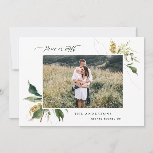 Peace on earth floral two photo family holiday card (Front)