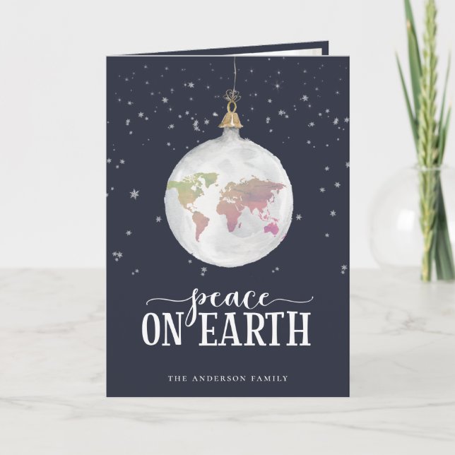 Peace on Earth Globe Ornament Blue Holiday Card (Front)