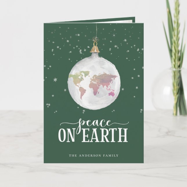 Peace on Earth Globe Ornament Green Holiday Card (Front)