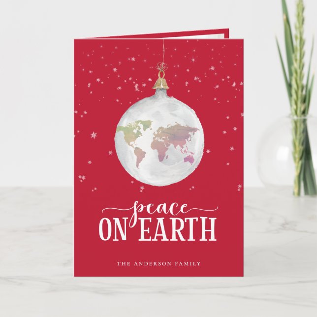 Peace on Earth Globe Ornament Red Holiday Card (Front)