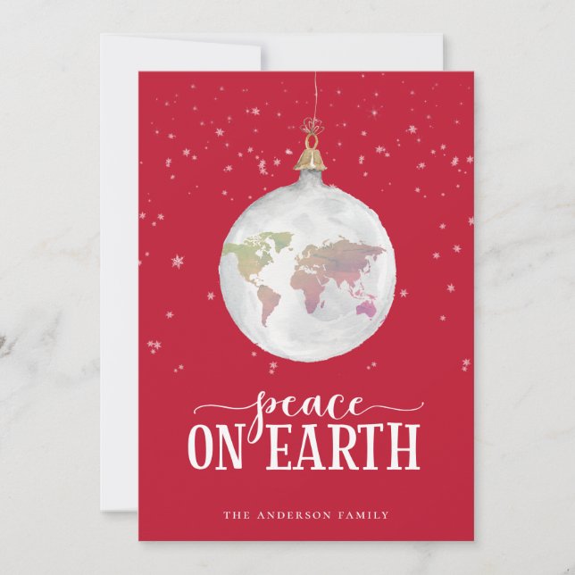 Peace on Earth Globe Ornament Red Holiday Card (Front)