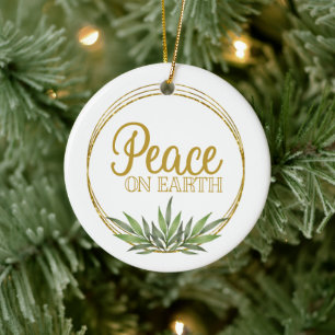 Peace on Earth Gold Botanical Christmas Photo Ceramic Tree Decoration