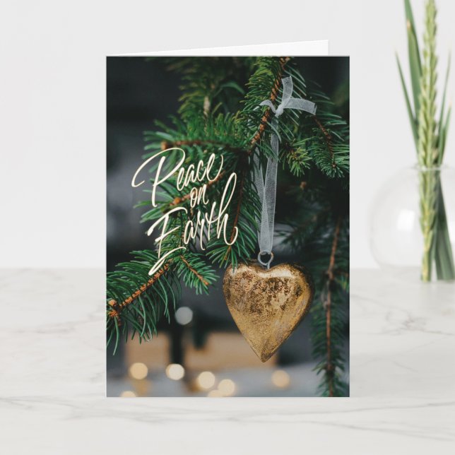 Peace on Earth Gold Heart Christmas Tree Ornament Card (Front)