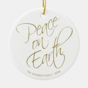 Peace On Earth Gold Script Christmas Photo Ceramic Tree Decoration