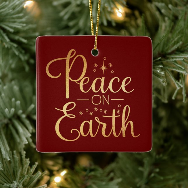 Peace on Earth Gold Script Red Holiday Ceramic Ornament (Tree)