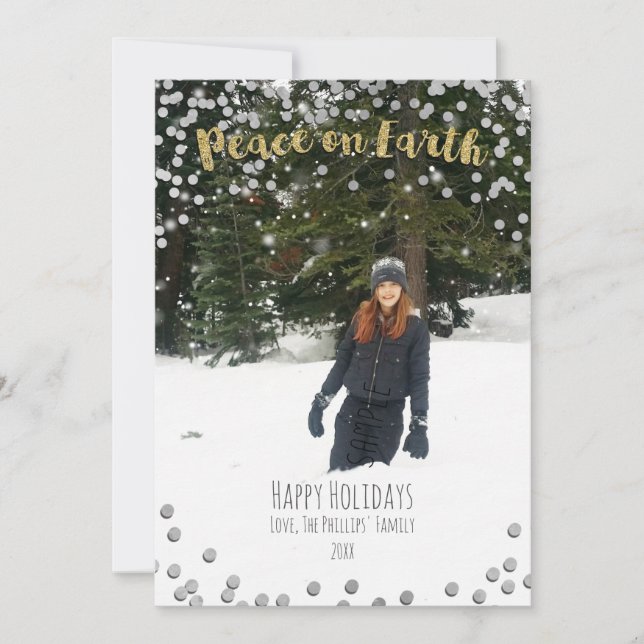 Peace on Earth Gold Silver Holiday Christmas Photo Card (Front)