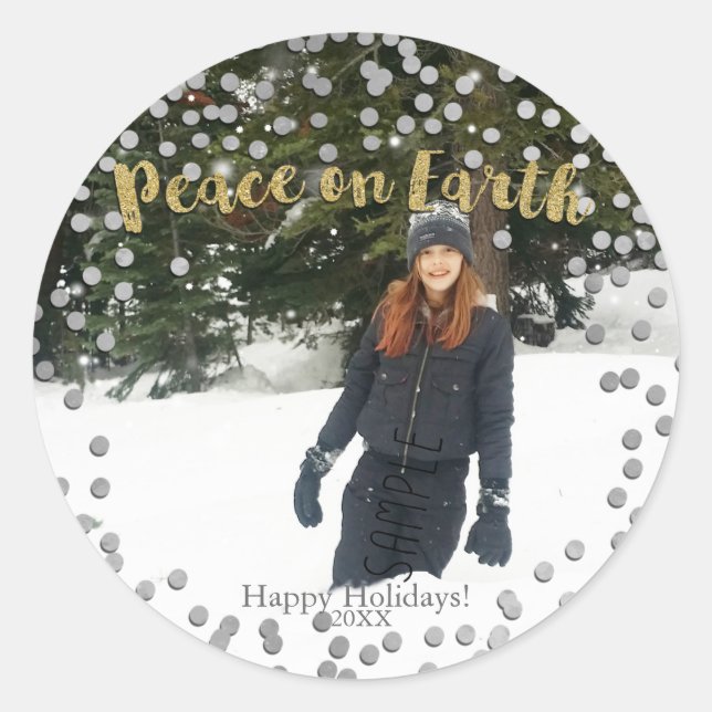 Peace on Earth Gold Silver Holiday Christmas Photo Classic Round Sticker (Front)