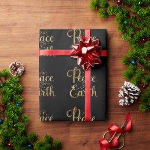 Peace on Earth Gold Typography Black Chic Holiday Wrapping Paper