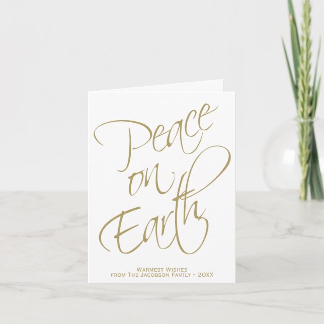 Peace on Earth Gold & White Minimal Christmas Holiday Card (Front)