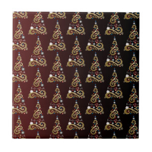 Peace on Earth golden Christmas tree pattern Tile
