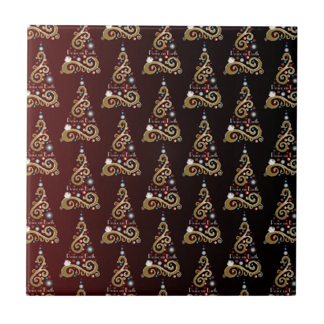 Peace on Earth golden Christmas tree pattern Tile (Front)