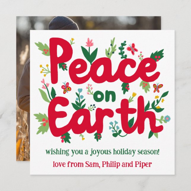 PEACE ON EARTH Hand-Drawn CUSTOM PHOTO  Holiday Card (Front/Back)