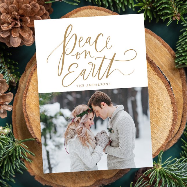 Peace On Earth Hand-Lettered Script Gold Photo Holiday Card (Creator Uploaded)