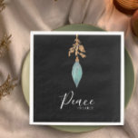 Peace on Earth Hand Painted Turquoise Watercolor  Napkin<br><div class="desc">"Peace on earth" written in modern elegant typography in white on a black background. This design features my hand painted watercolor turquoise teal holiday bauble with golden tan botanical accent. Unique original designer napkins. There is a place for your own custom text at the bottom. You can add a family...</div>