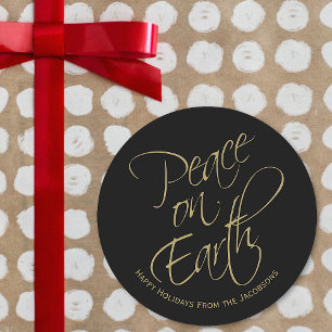 Peace on Earth Happy Holidays Elegant Black & Gold Classic Round Sticker