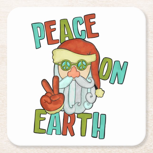 Peace on Earth Hippie Santa Square Paper Coaster (Front)