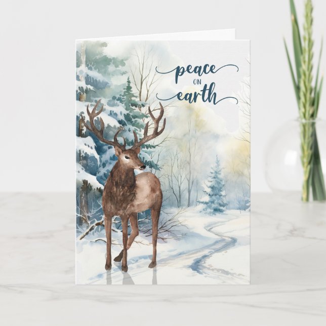Peace on Earth Holiday Reindeer Woodland Christmas Card (Front)