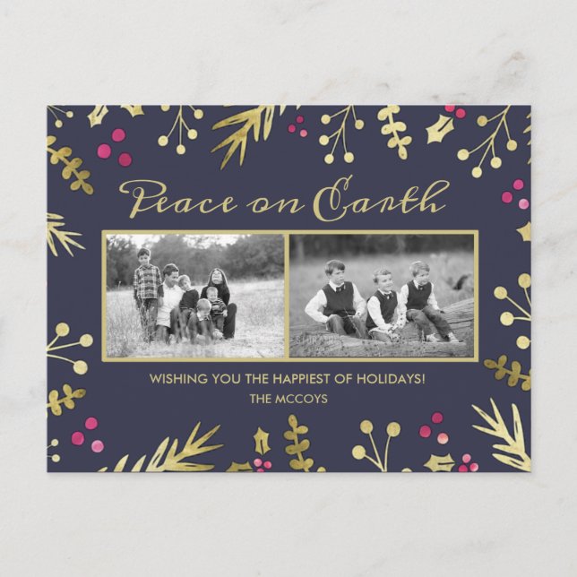 Peace on Earth Holly Family Photo Christmas Holiday Postcard (Front)