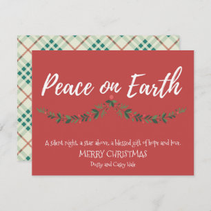 Peace on Earth Holly Red Plaid Holiday Card