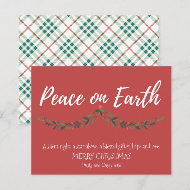 Peace on Earth Holly Red Plaid Religious Holiday Card (Front/Back)