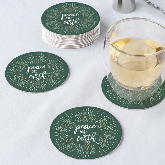 Peace on Earth | Hunter Green Holiday Round Paper Coaster (Creator Uploaded)