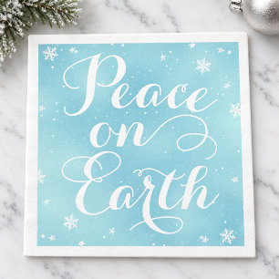 Peace on Earth Ice Blue Calligraphy Snowflake Napkin