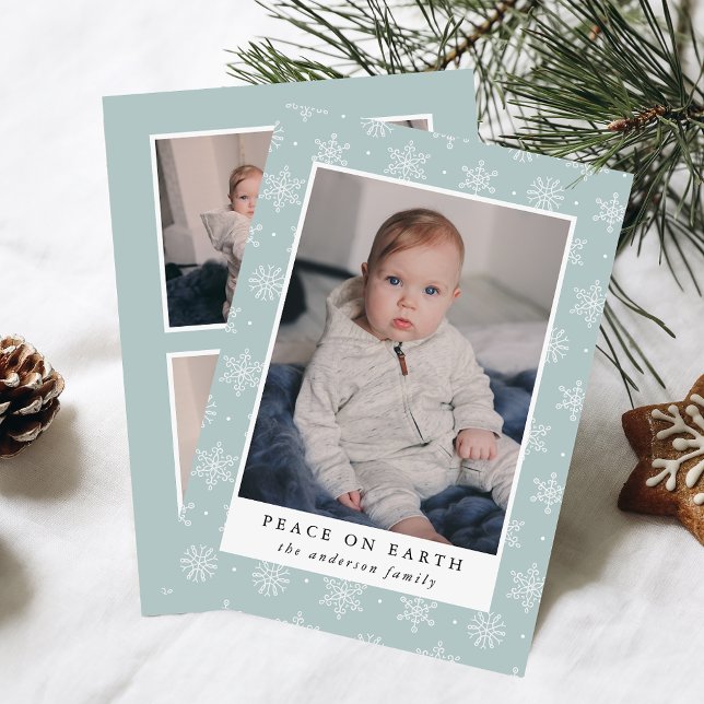 Peace On Earth Ice Blue Snowflake 3 Photo Holiday Card (Creator Uploaded)