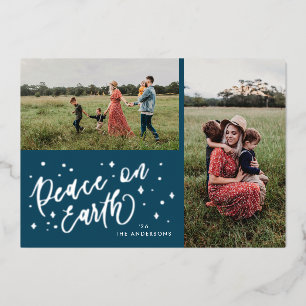 Peace on Earth Lettering Christmas 2 Photo Silver Foil Holiday Card