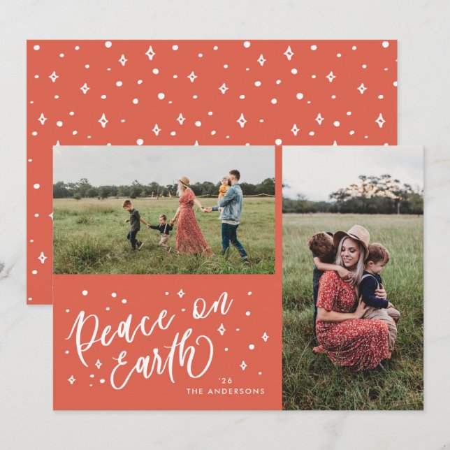 Peace on Earth Lettering Christmas Two Photo Holiday Card (Front/Back)