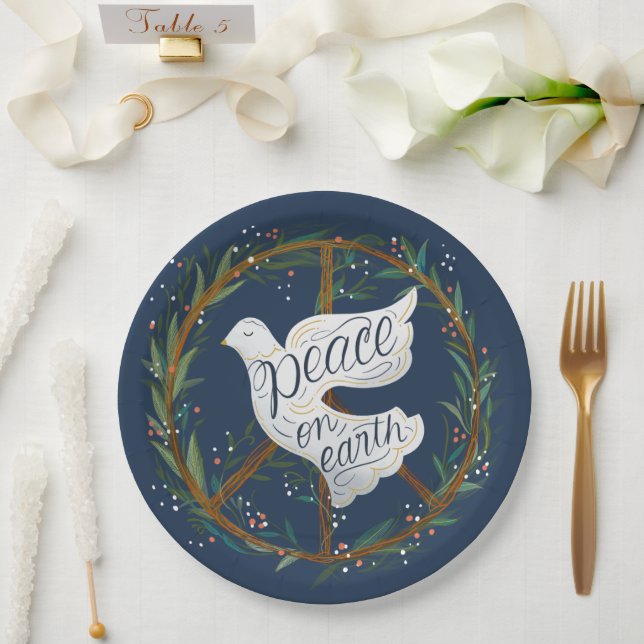 Peace on Earth Lettering Dove Holiday Party Paper Plate (Wedding)