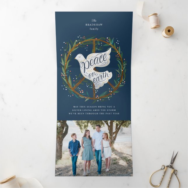 Peace on Earth Lettering Dove on Peace Sign Wreath Tri-Fold Announcement (Inside)