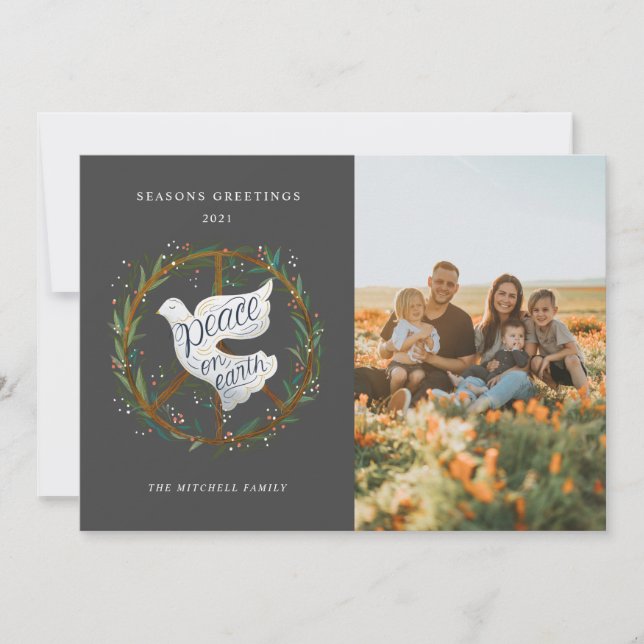 Peace on Earth Lettering Dove Peace Sign Photo Holiday Card (Front)