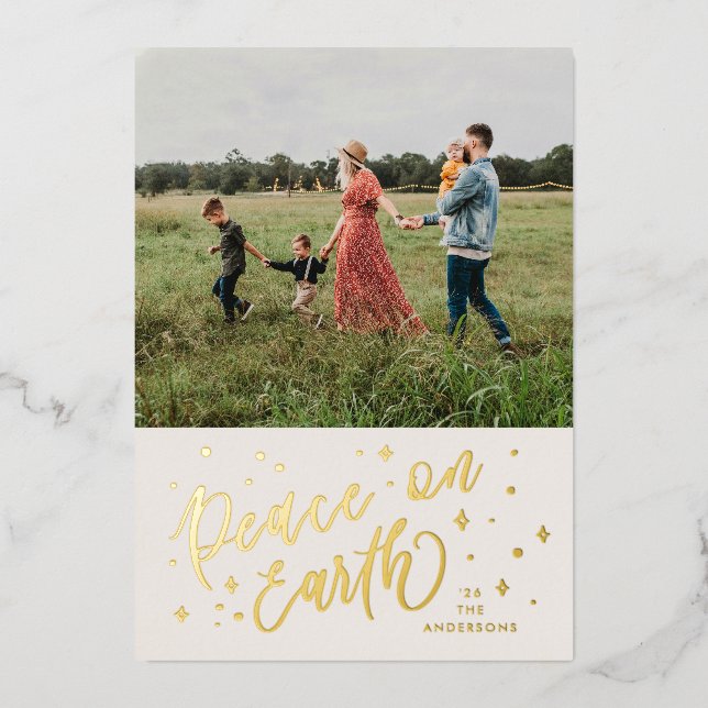 Peace on Earth Lettering Photo Gold Foil Holiday Card (Front)