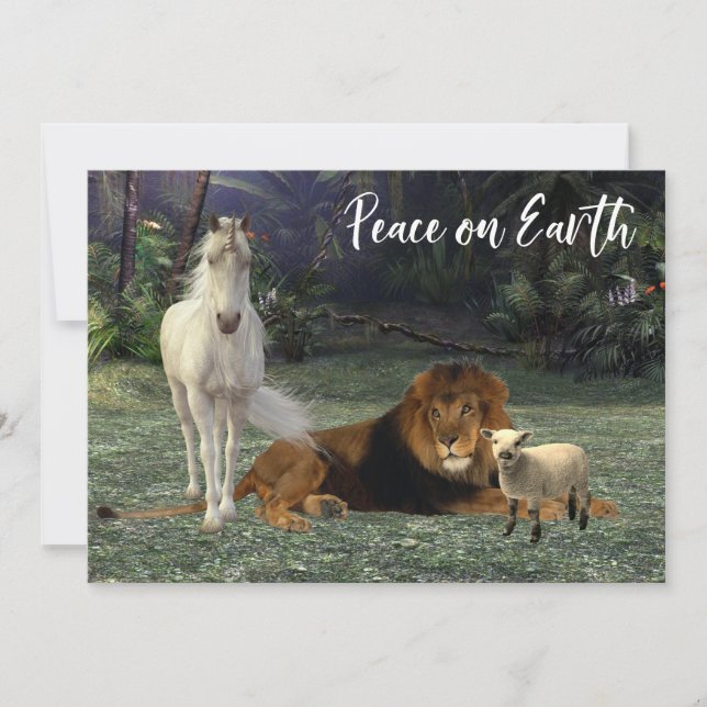 Peace on Earth Lion Lamb Unicorn Holiday Card (Front)