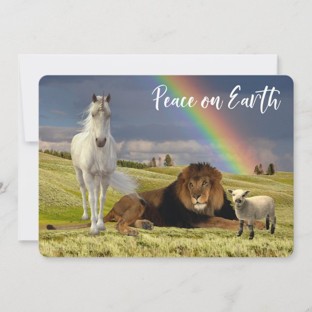 Peace on Earth Lion Lamb Unicorn Rainbow Holiday Card (Front)