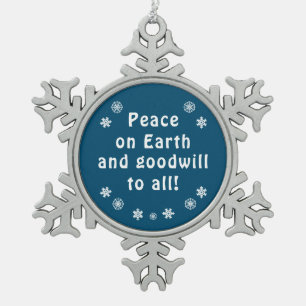 Peace on Earth Minimalist Blue Snowflake Pewter Christmas Ornament