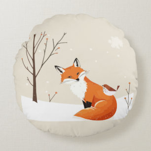 Peace on Earth Minimalist Fox Bird Cute Animals Round Cushion